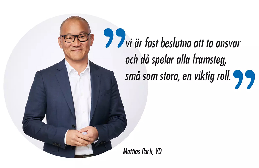 VD iklädd skjorta och kavaj med ett citat som säger: Vi är fast beslutna att ta ansvar och då spelar alla framsteg, små som stora, en viktig roll.